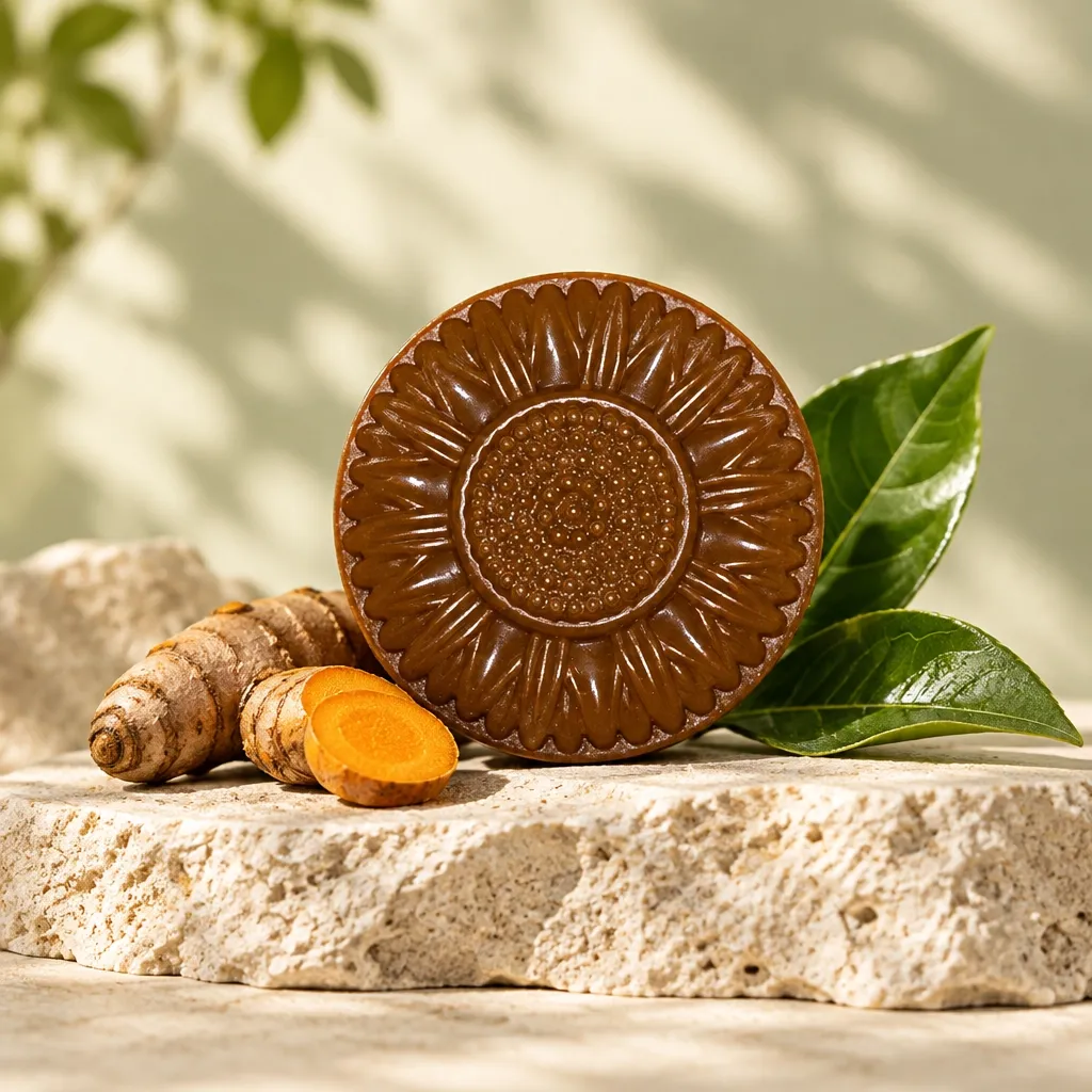 Sunflower-imprinted turmeric soap bar on natural stone