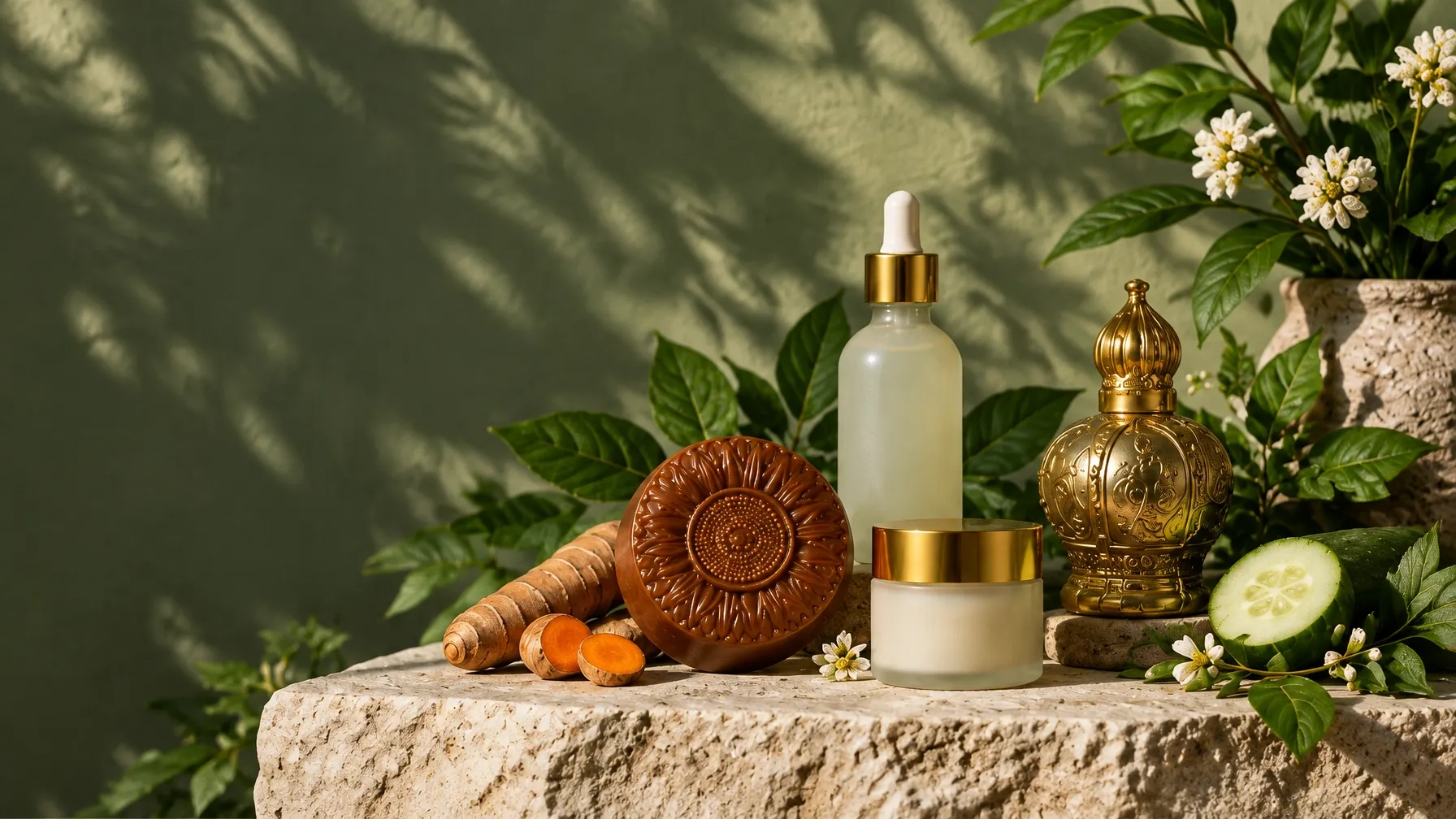 Thy Reveal skincare arranged with fresh botanicals
