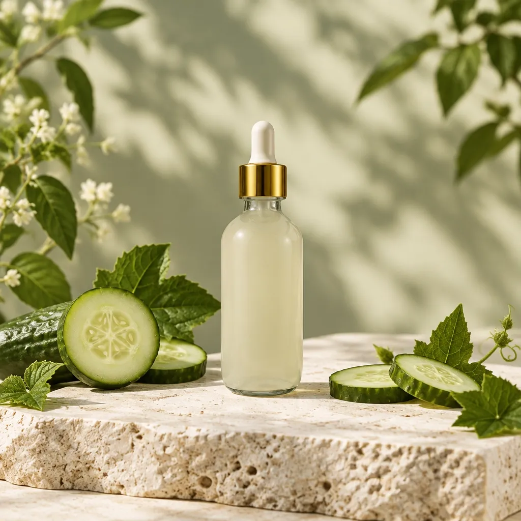 Hydrating serum dropper bottle on pale stone