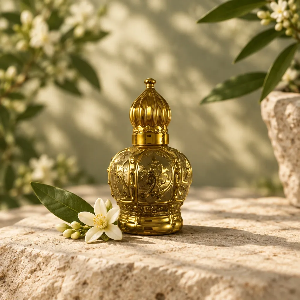 Clear glass perfume oil bottle with gold detailing and an ornate gold cap