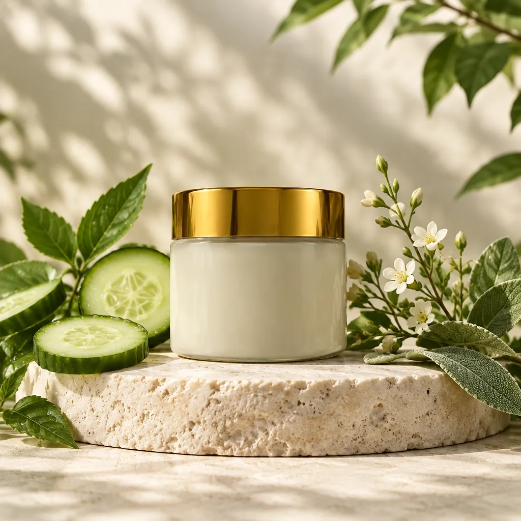 Cucumber facial lotion jar with a gold lid